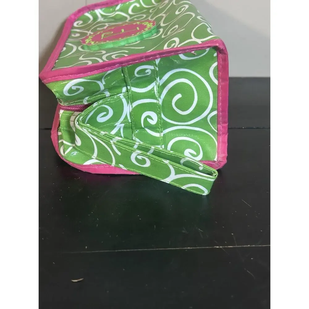 Monogram F Green Pink Swirl Cosmetic Makeup Bag Travel Organizer 10” 4”